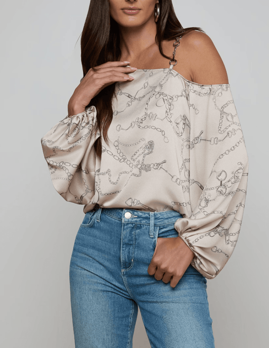 L’Agence Asami one shoulder blouse chain print front view