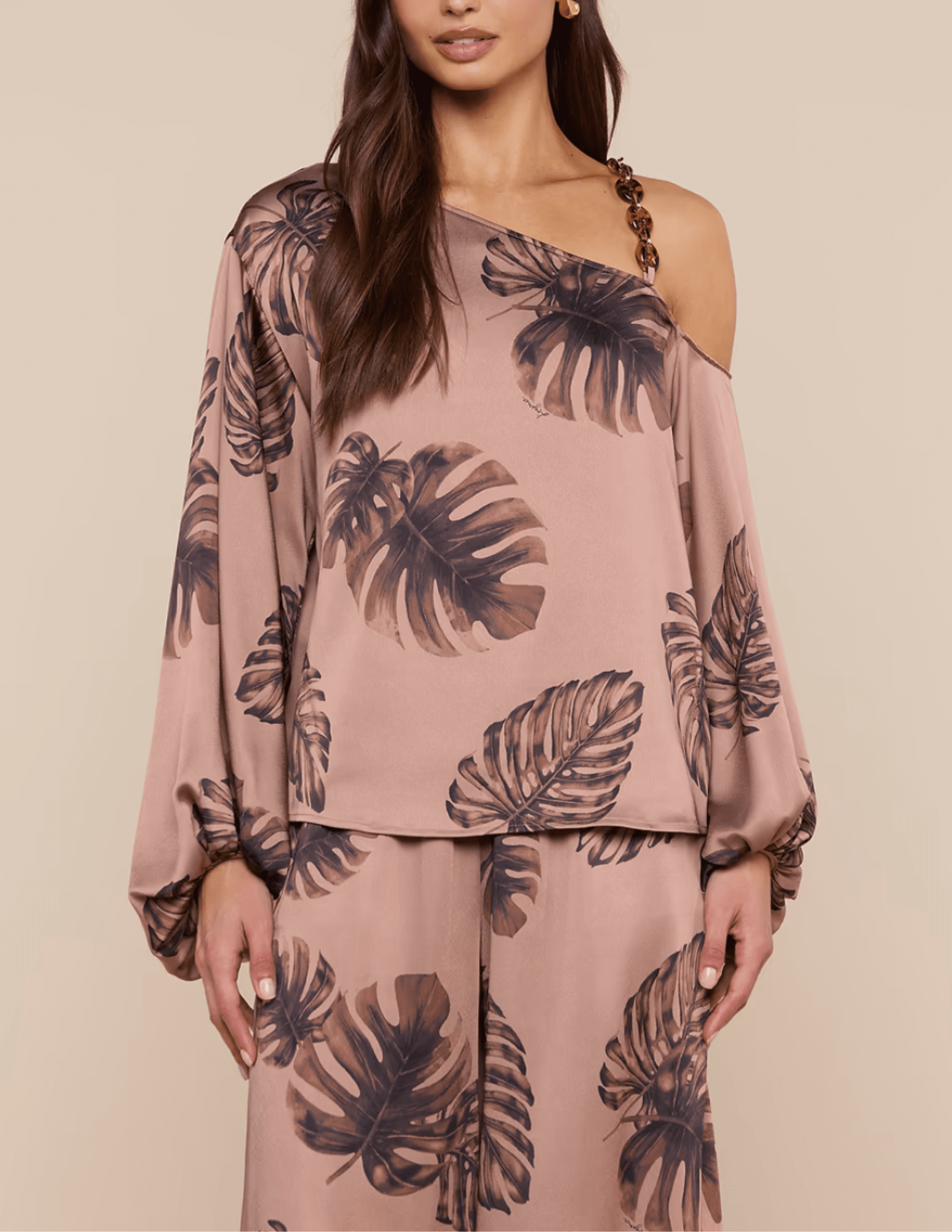 L’AGENCE Asami one shoulder blouse palm print front view