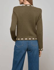L’AGENCE Astor contrast trim cardigan in army biscuit with scalloped edges back view