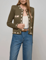 L’AGENCE Astor contrast trim cardigan in army biscuit with scalloped edges front view