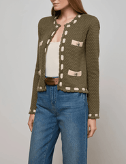 L’AGENCE Astor contrast trim cardigan in army biscuit with scalloped edges side view