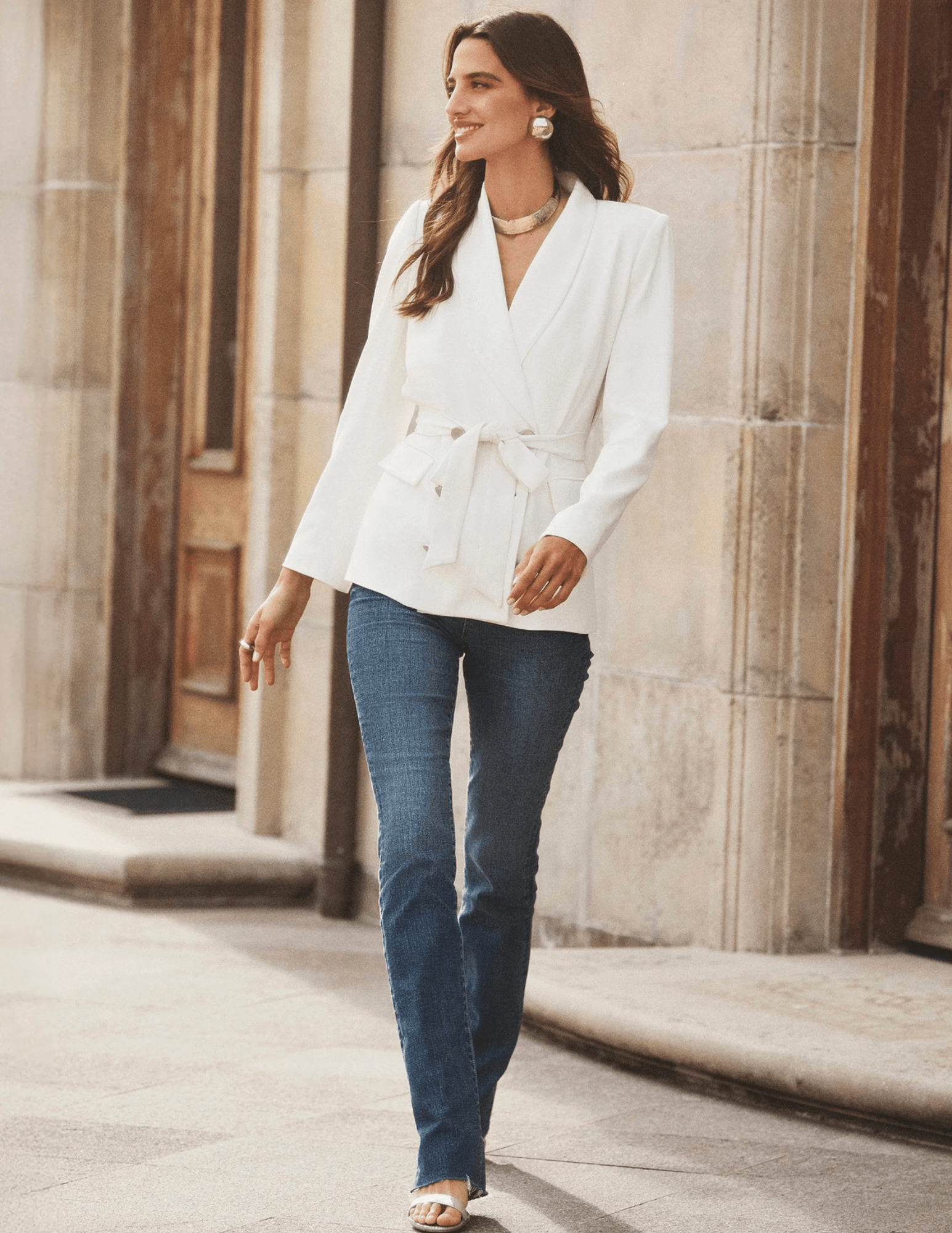 L’AGENCE ivory wrap blazer with waist tie editorial image