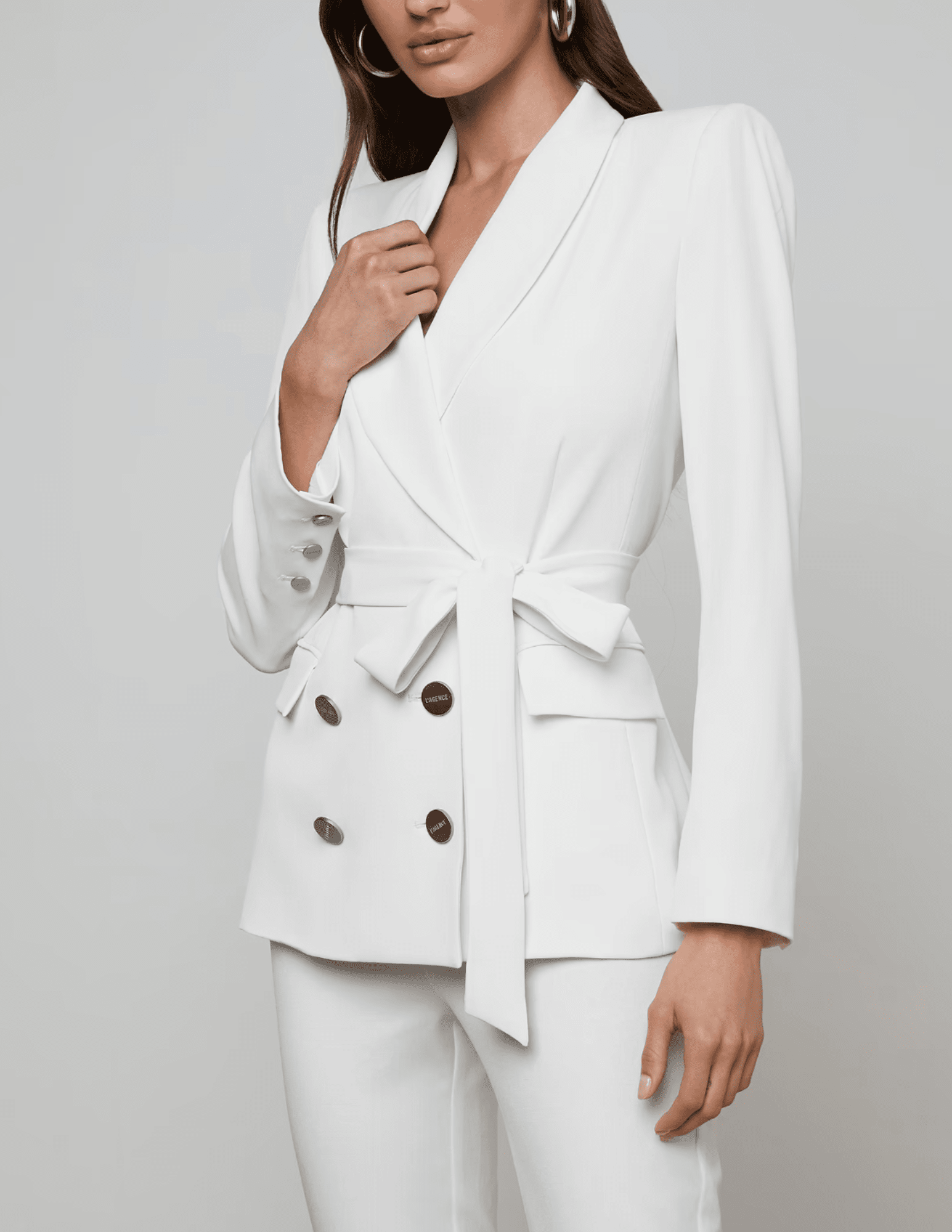 Side  view of L’AGENCE ivory tailored wrap blazer