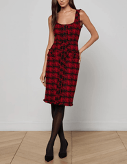 Front view of L’AGENCE Aya Tweed Midi Dress in red and black houndstooth