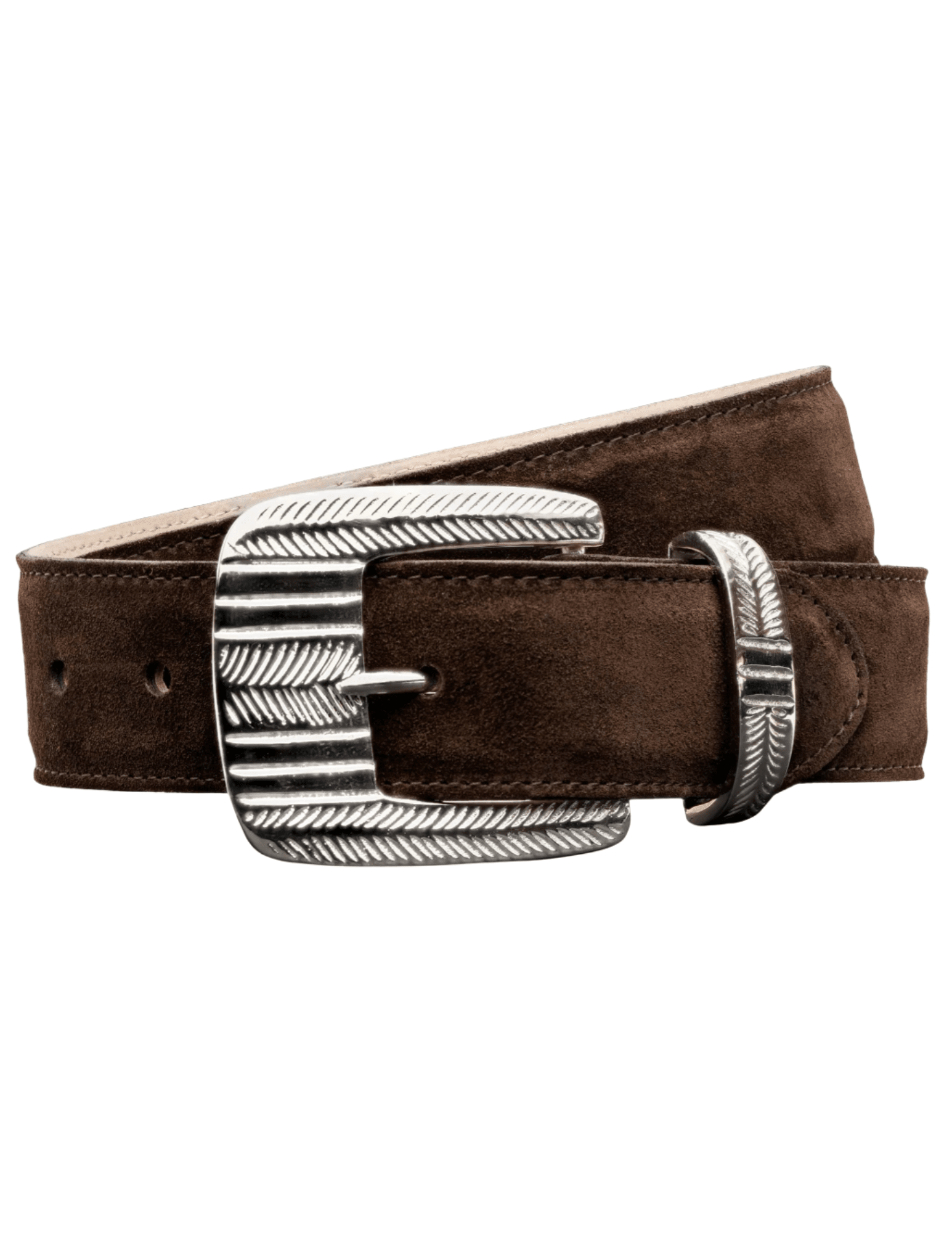 L’AGENCE Aya Western Engraved Belt in Chocolate Brown Italian Suede – Front View