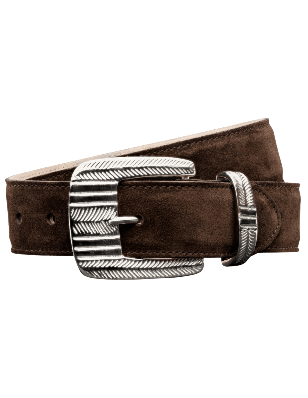L’AGENCE Aya Western Engraved Belt in Chocolate Brown Italian Suede – Front View