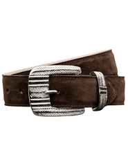L’AGENCE Aya Western Engraved Belt in Chocolate Brown Italian Suede – Front View