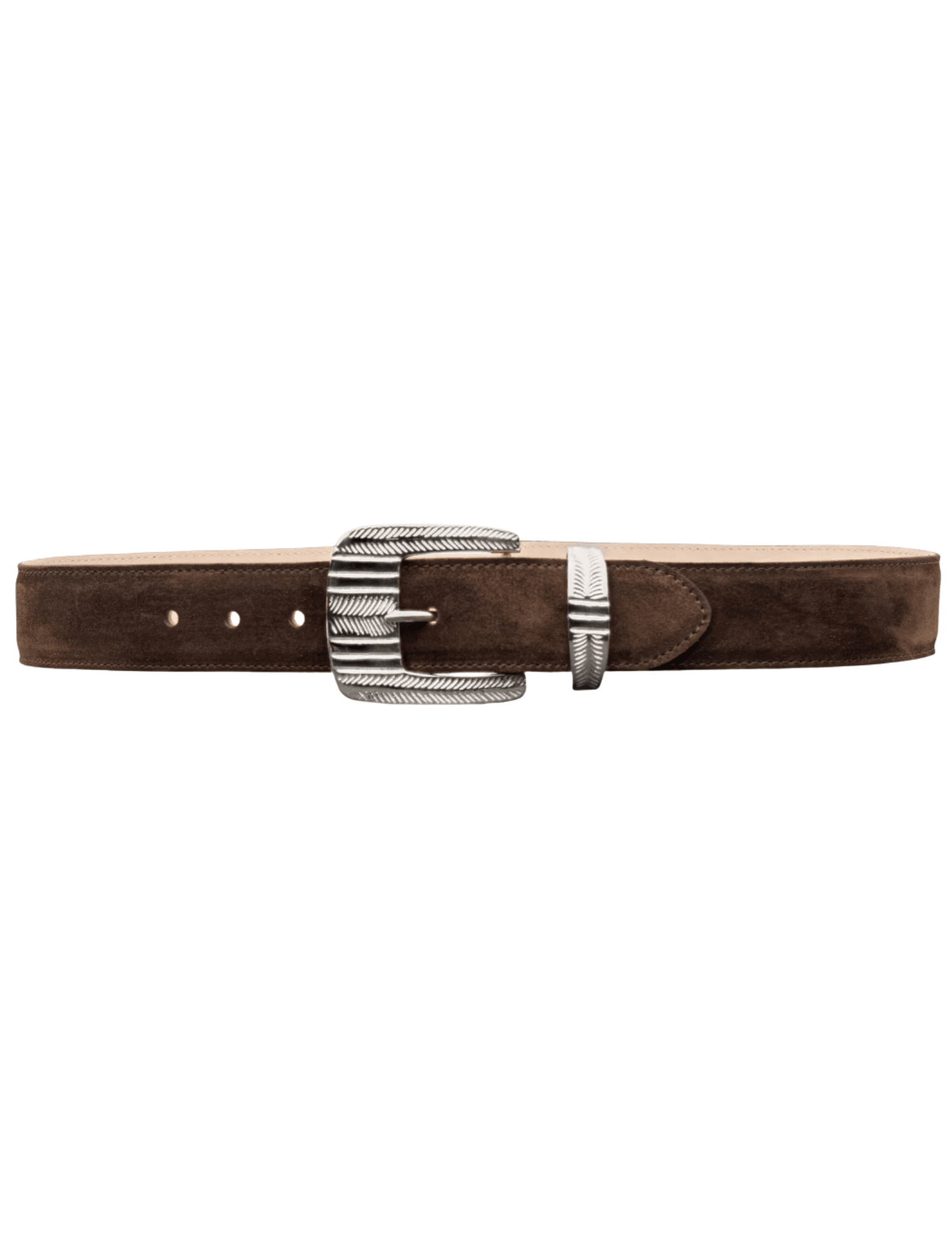“Close-Up of Silver-Plated Western Engraved Buckle on L’AGENCE Aya Suede Belt”