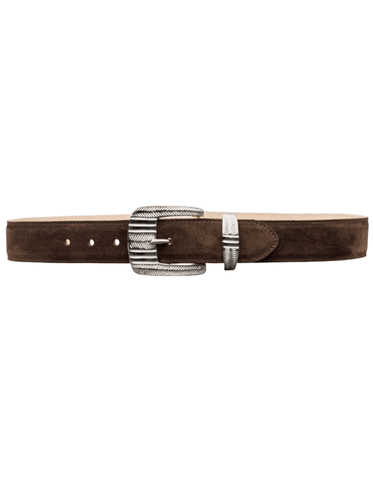 “Close-Up of Silver-Plated Western Engraved Buckle on L’AGENCE Aya Suede Belt”