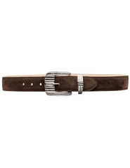 “Close-Up of Silver-Plated Western Engraved Buckle on L’AGENCE Aya Suede Belt”