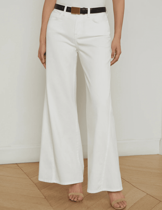 L'AGENCE Beau T-seam high rise wide leg jeans in Blanc, elegant white women’s denim with front T-seam detail and relaxed wide leg silhouette front model view