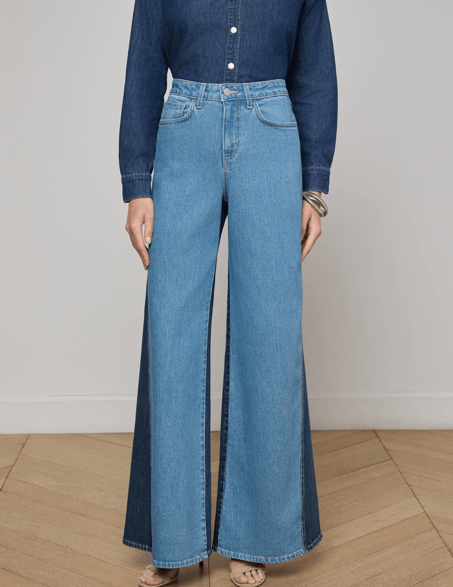 L’AGENCE Beau T-Seam wide leg jeans in Paso with high-rise waist and two-tone contrast front view

