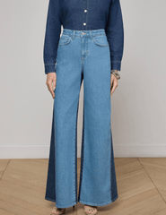 L’AGENCE Beau T-Seam wide leg jeans in Paso with high-rise waist and two-tone contrast front view
