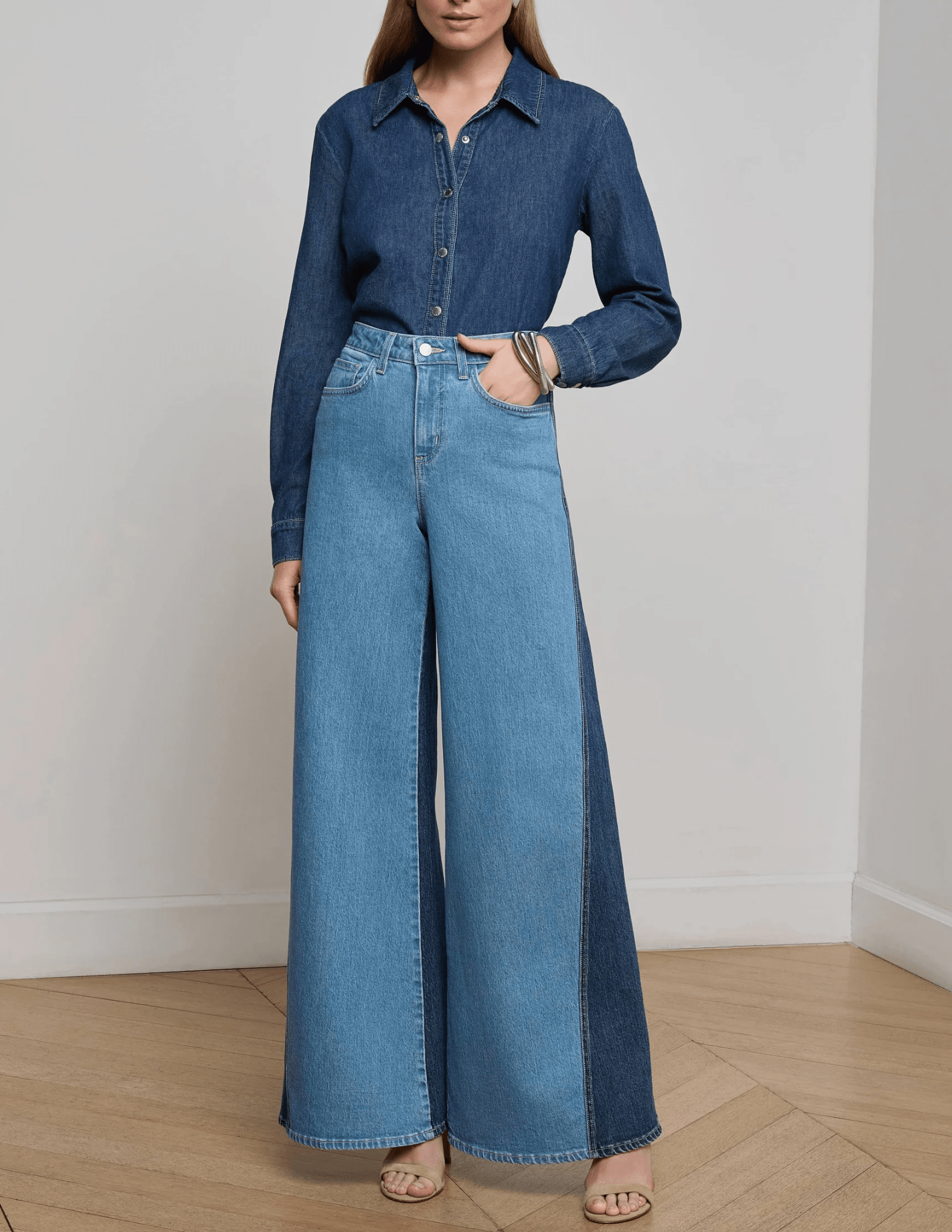 L’AGENCE Beau T-Seam wide leg jeans in Paso with high-rise waist and two-tone contrast full body view