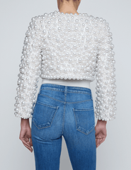 Cropped ivory jacket with pearls and structured shoulders by L’AGENCE