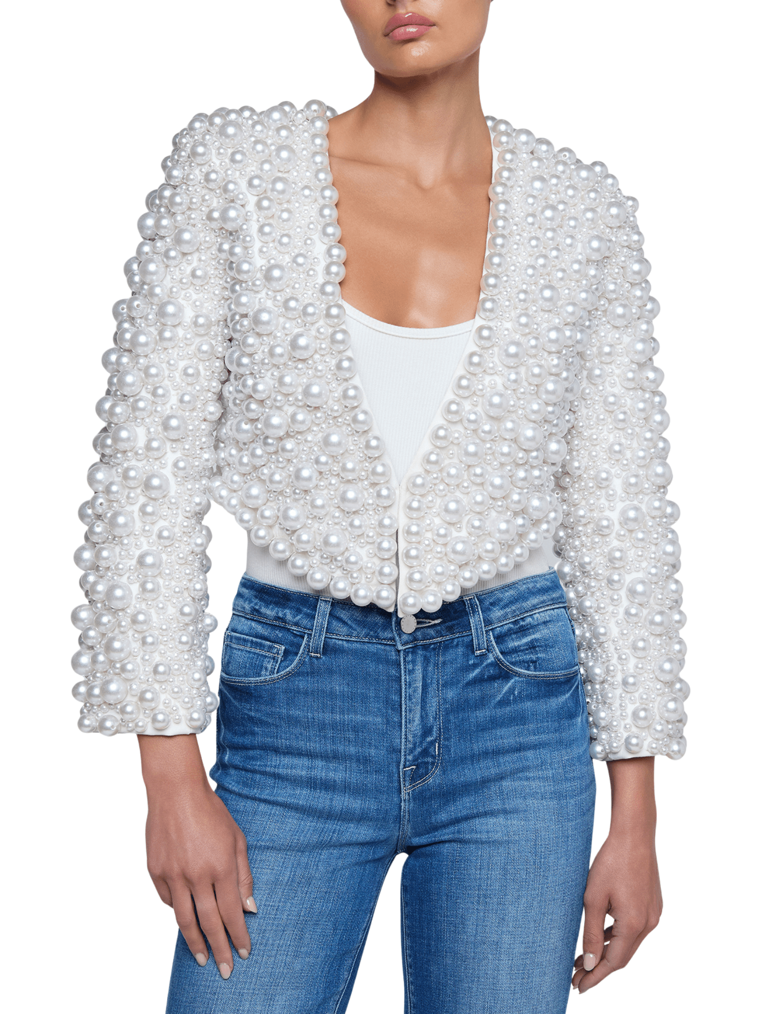 Cropped ivory jacket with pearls and structured shoulders by L’AGENCE