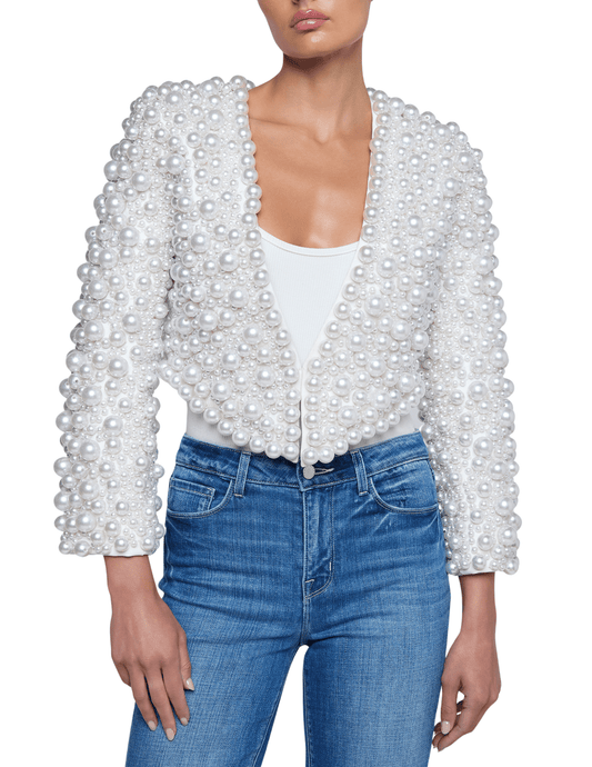 Cropped ivory jacket with pearls and structured shoulders by L’AGENCE