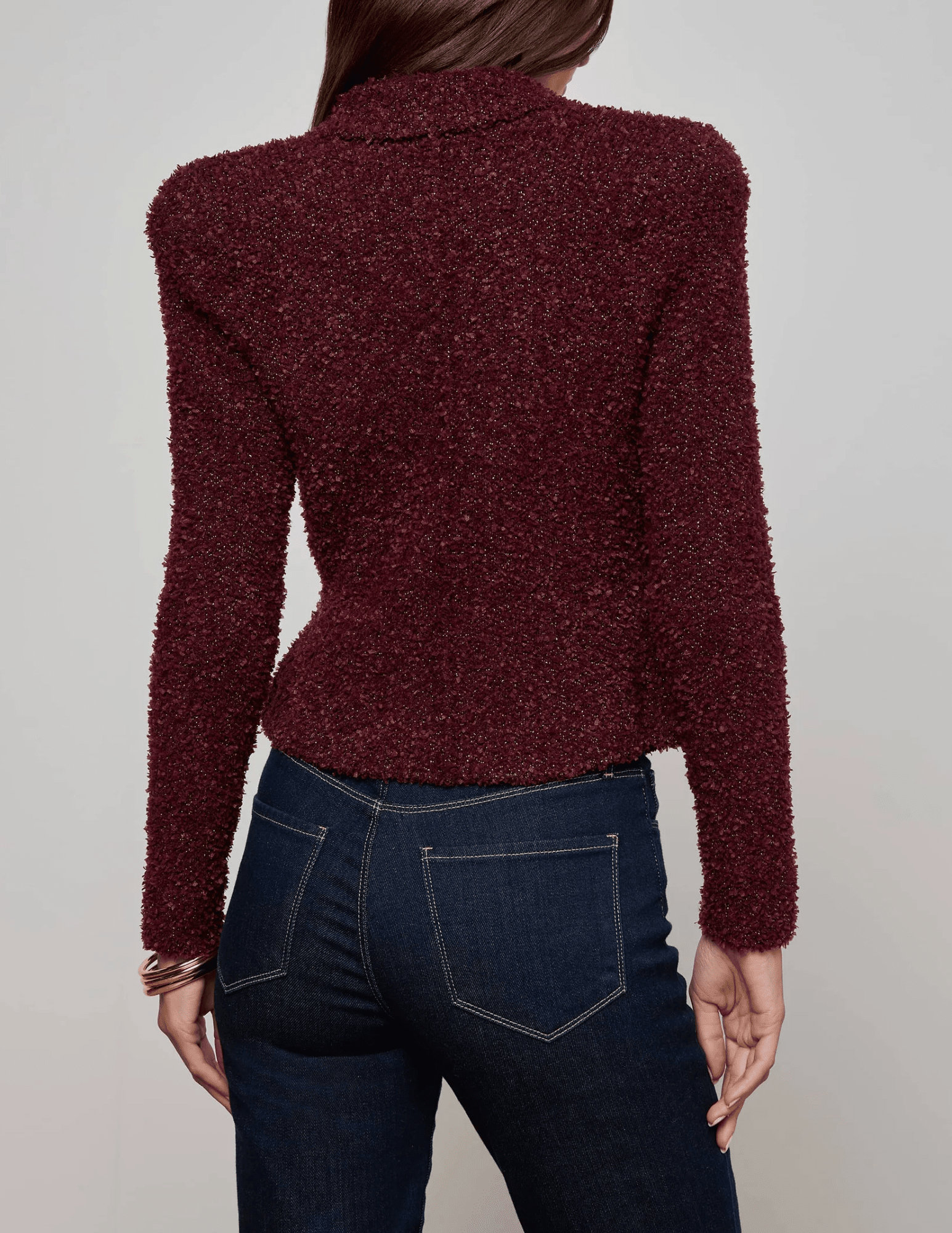 L’Agence Bethany Knit Tapered Blazer in dark syrah gold with geometric dome buttons back view
