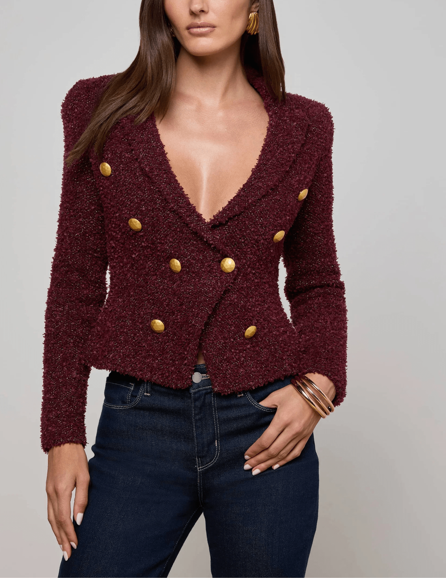 L’Agence Bethany Knit Tapered Blazer in dark syrah gold with geometric dome buttons front view
