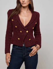 L’Agence Bethany Knit Tapered Blazer in dark syrah gold with geometric dome buttons front view

