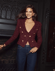 L’Agence Bethany Knit Tapered Blazer in dark syrah gold with geometric dome buttons lifestyle image
