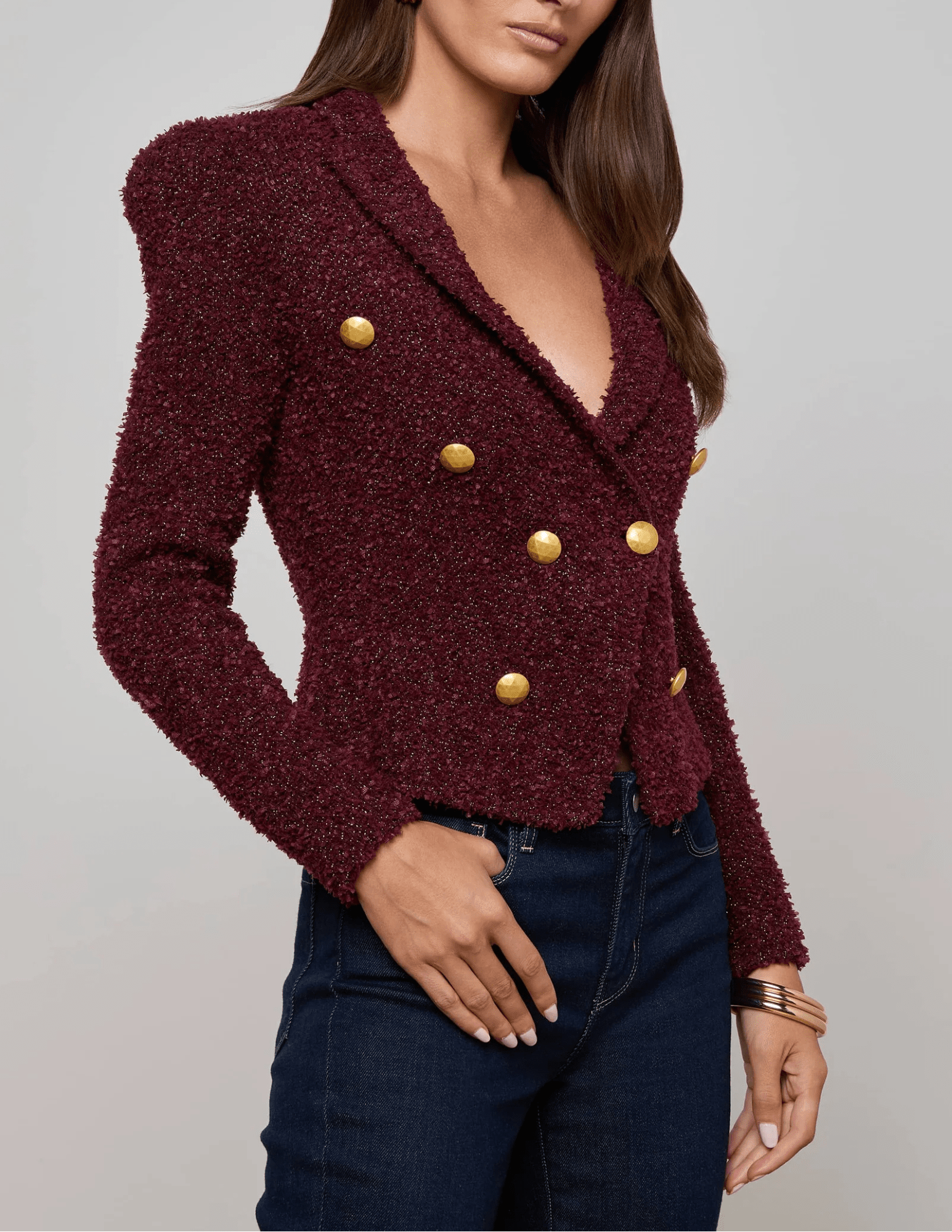 L’Agence Bethany Knit Tapered Blazer in dark syrah gold with geometric dome buttons side view
