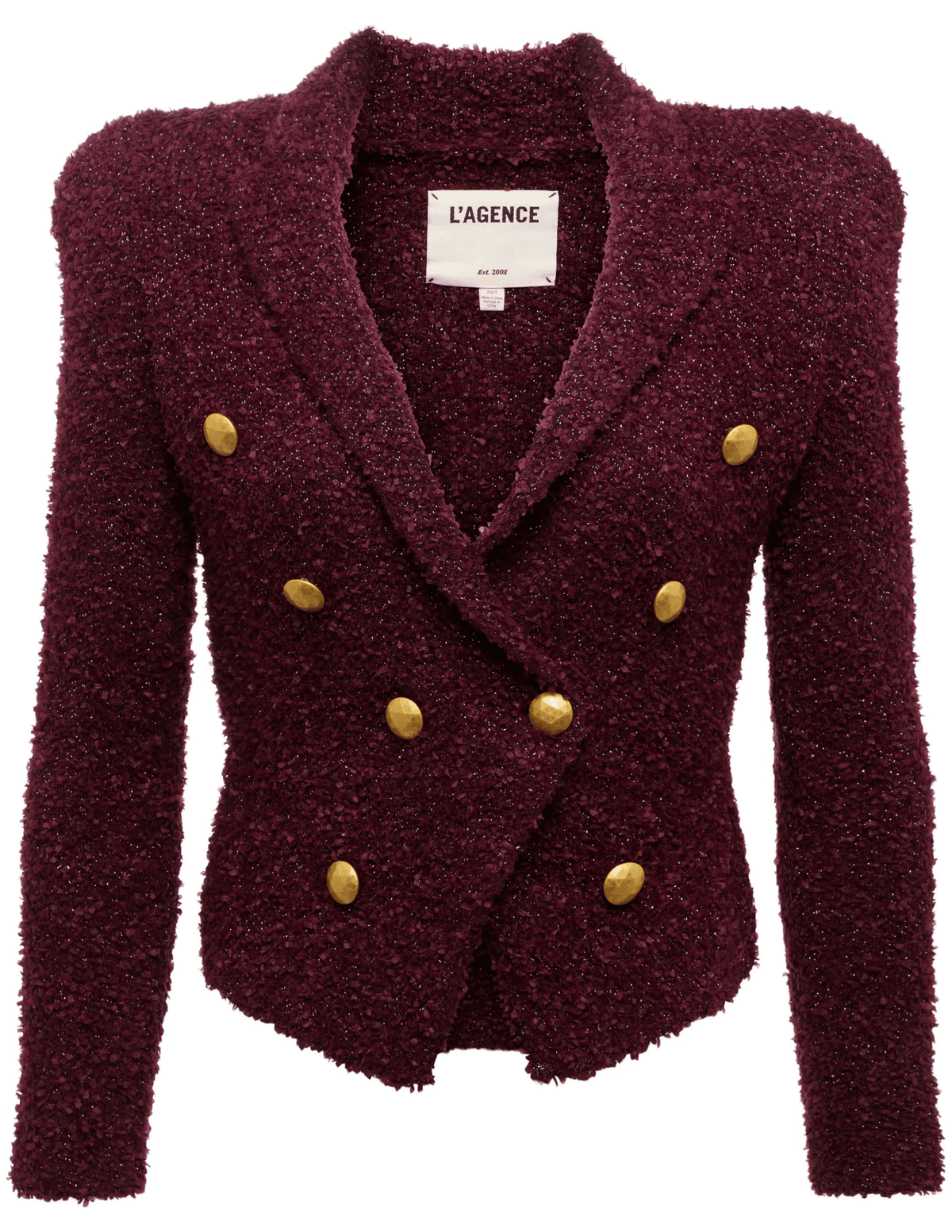 L’Agence Bethany Knit Tapered Blazer in dark syrah gold with geometric dome buttons