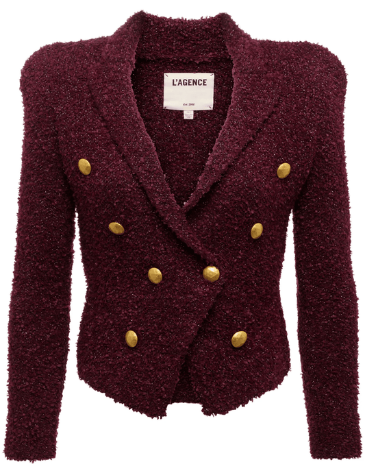 L’Agence Bethany Knit Tapered Blazer in dark syrah gold with geometric dome buttons
