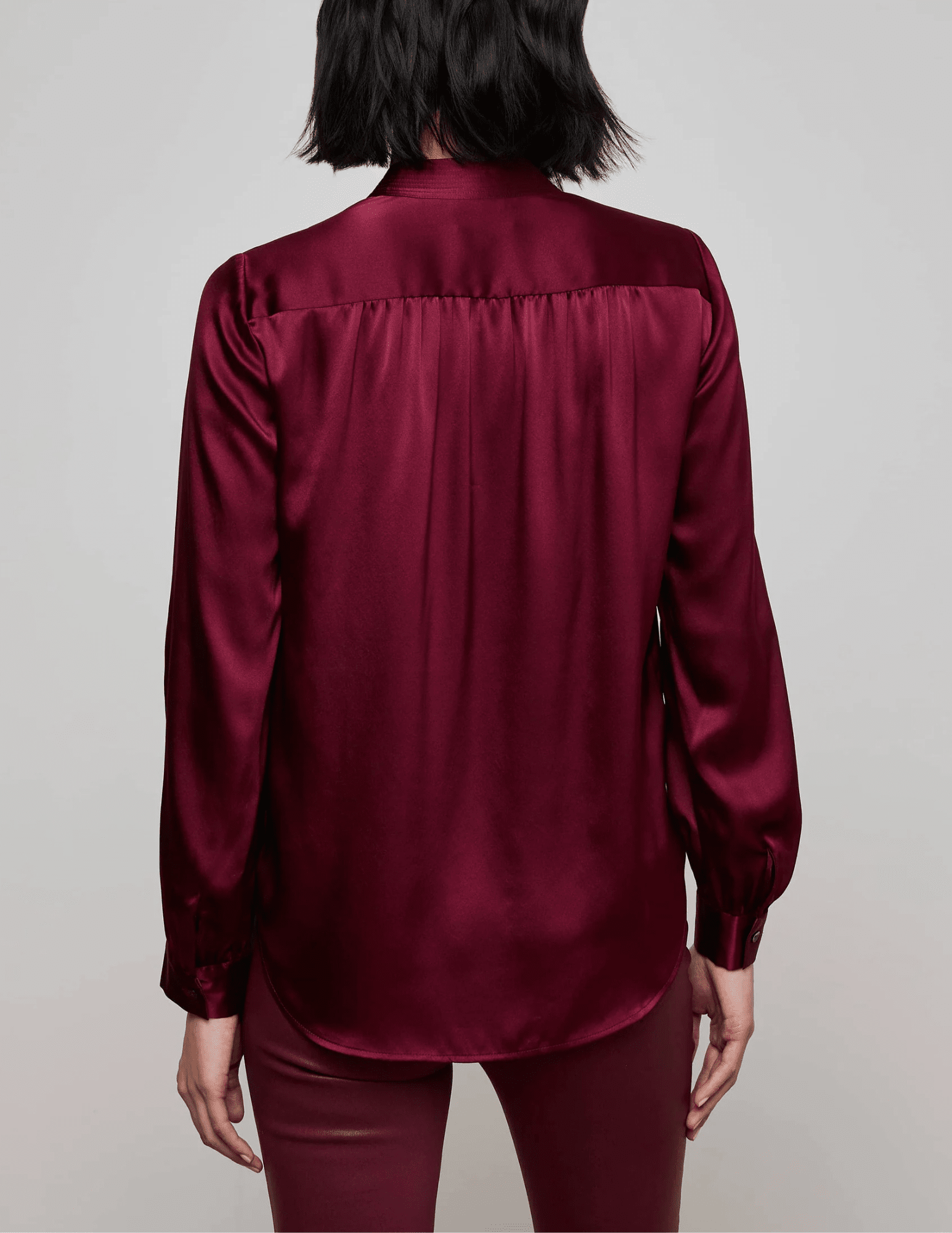 L’Agence Bianca Band Collar Blouse in dark port silk with hidden button placket back view