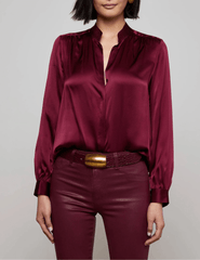 L’Agence Bianca Band Collar Blouse in dark port silk with hidden button placket front