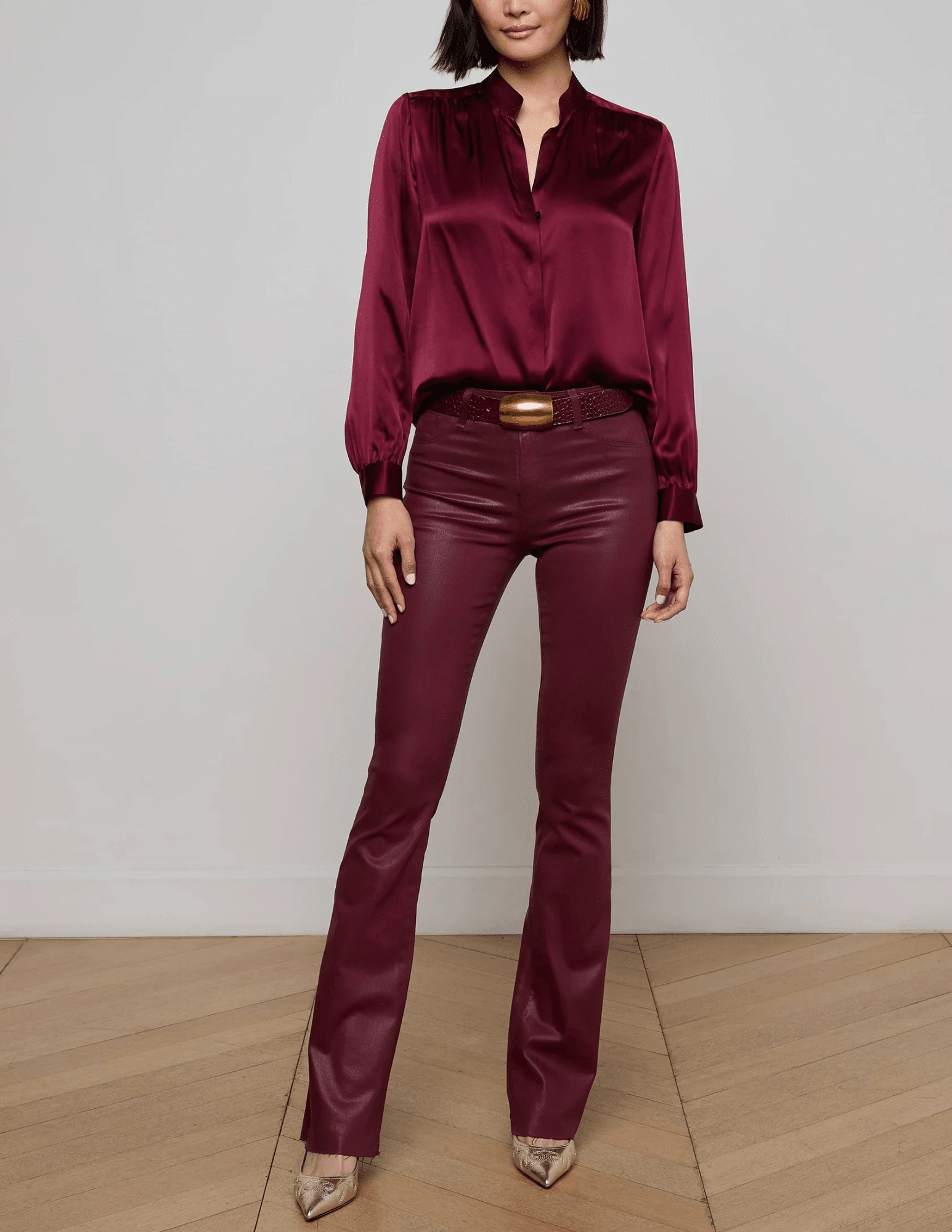 L’Agence Bianca Band Collar Blouse in dark port silk with hidden button placket full body front view
