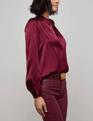 L’Agence Bianca Band Collar Blouse in dark port silk with hidden button placket side view