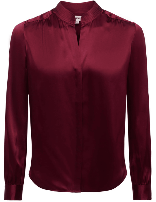 L’Agence Bianca Band Collar Blouse in dark port silk with hidden button placket