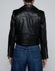 Back view of cropped L’AGENCE Blakely Biker Jacket in black lambskin leather.