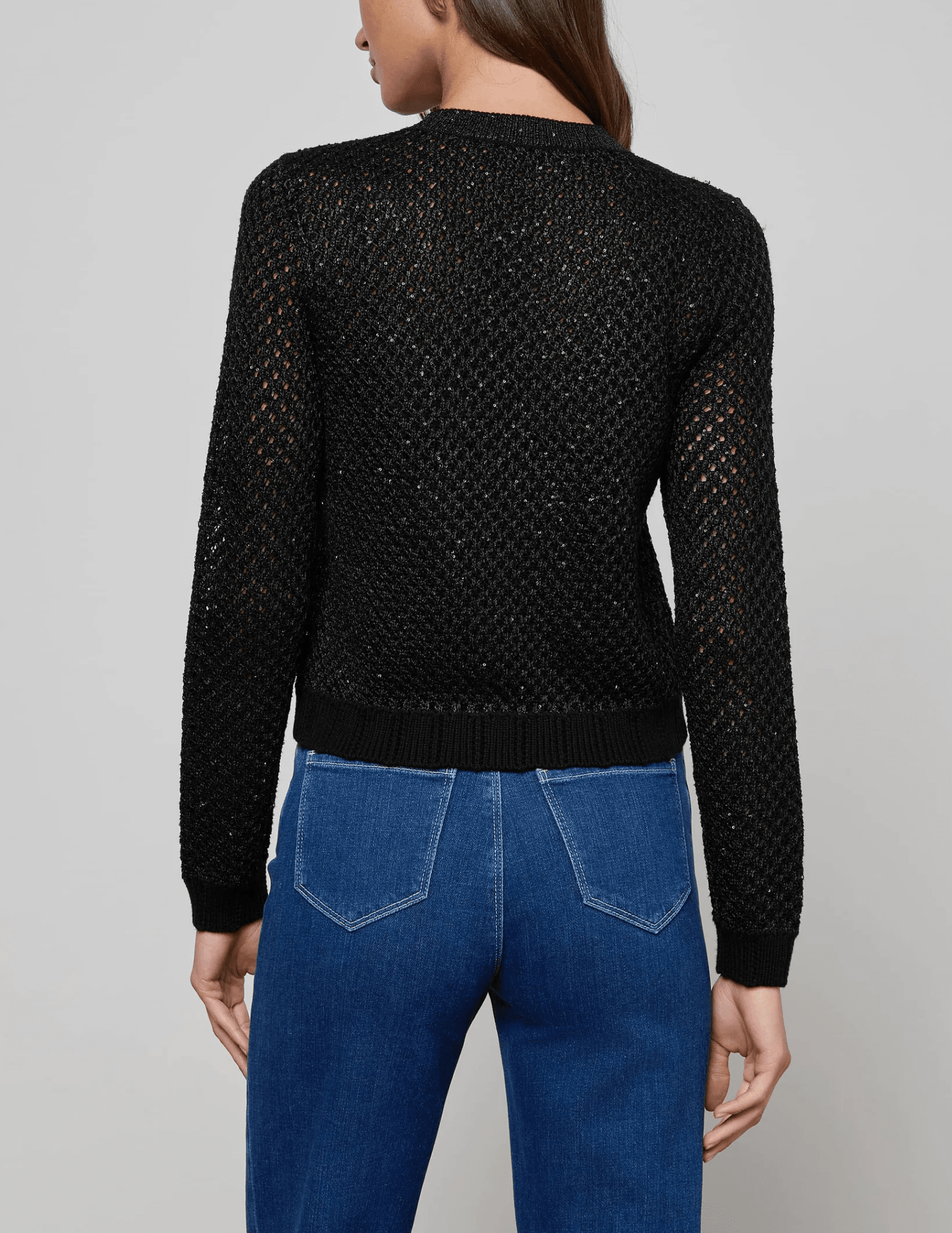 L’AGENCE Blanca Sequin Cropped Cardigan in Black Gunmetal Gold back view.