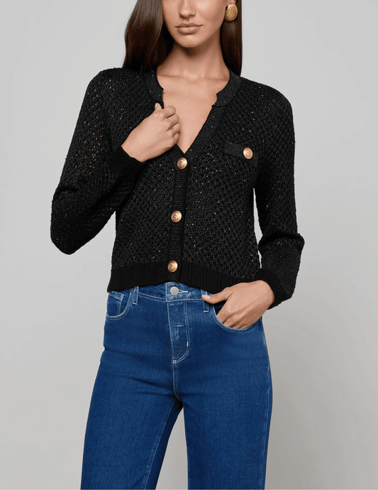 L’AGENCE Blanca Sequin Cropped Cardigan in Black Gunmetal Gold front view.