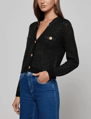 L’AGENCE Blanca Sequin Cropped Cardigan in Black Gunmetal Gold side view.