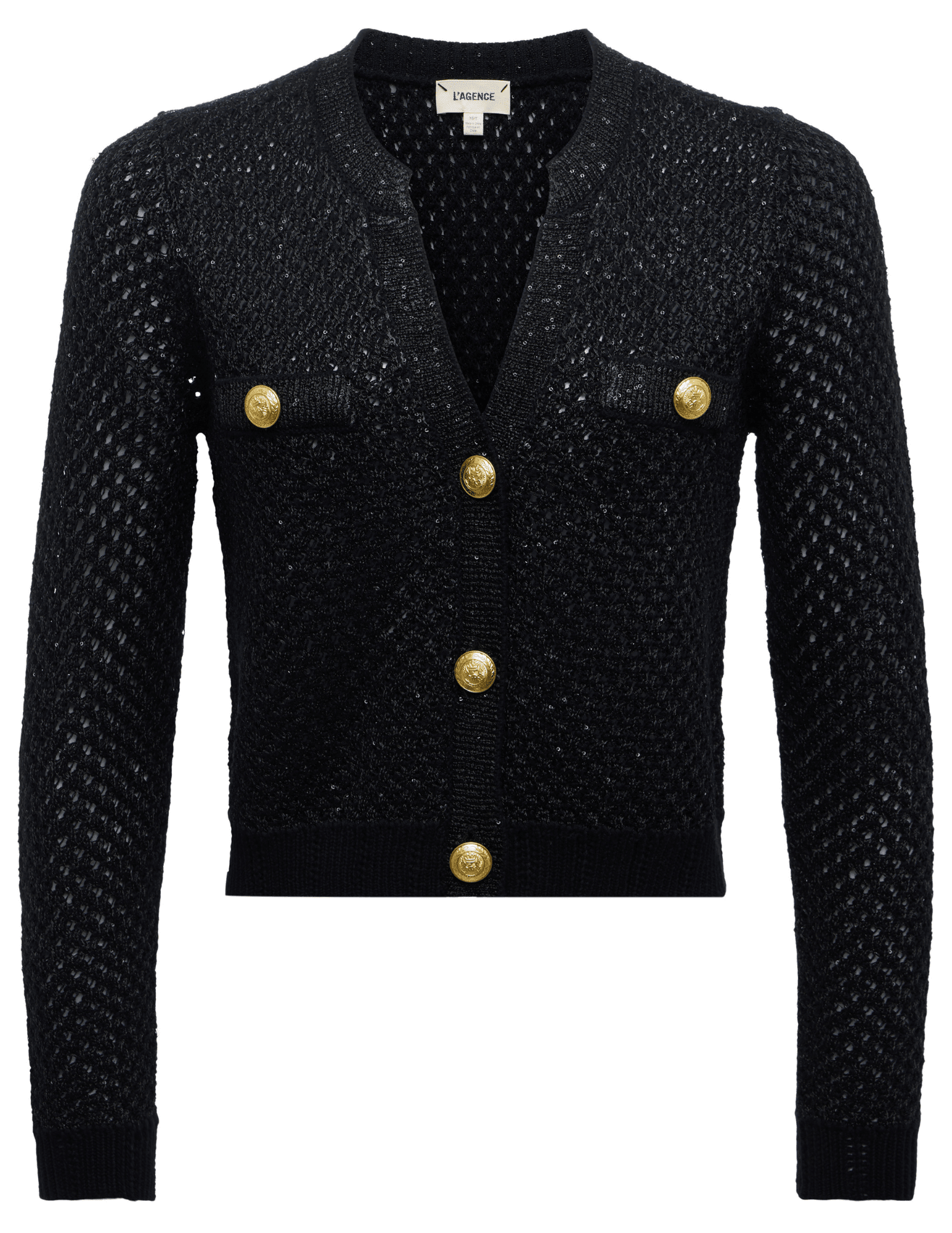 L’AGENCE Blanca Sequin Cropped Cardigan in Black Gunmetal Gold.