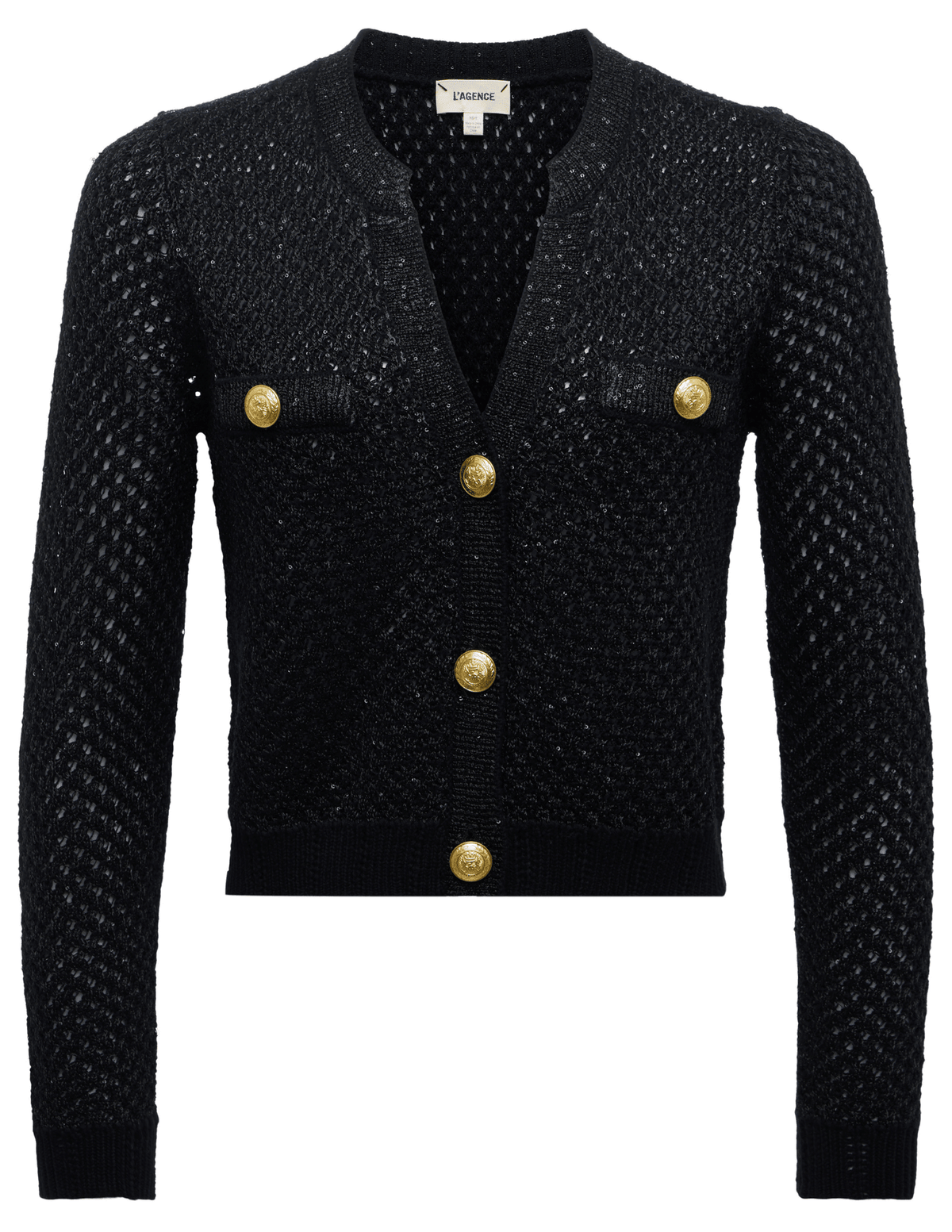L’AGENCE Blanca Sequin Cropped Cardigan in Black Gunmetal Gold.