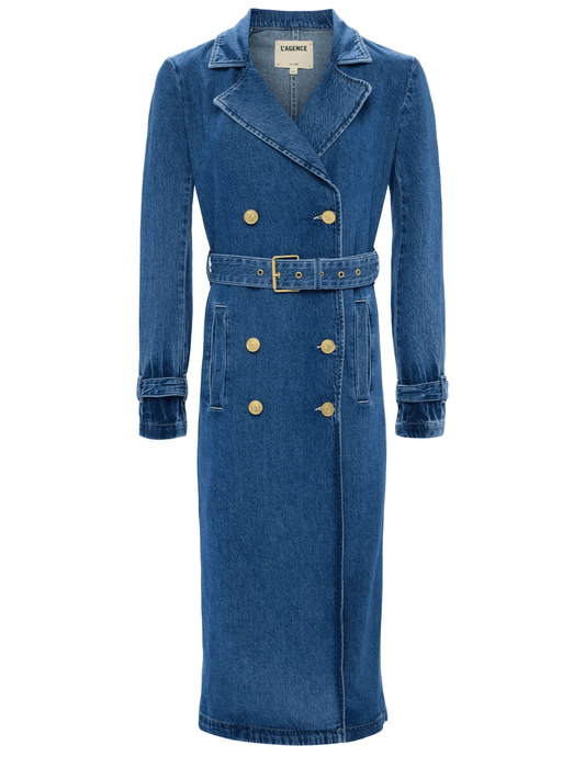 L'AGENCE Bradley denim trench coat in Lynwood blue denim wash, women’s longline denim outerwear with classic trench styling and modern tailored fit front view

