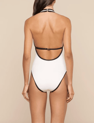 Back view of LAGENCE Breana white one piece swimsuit with black trim