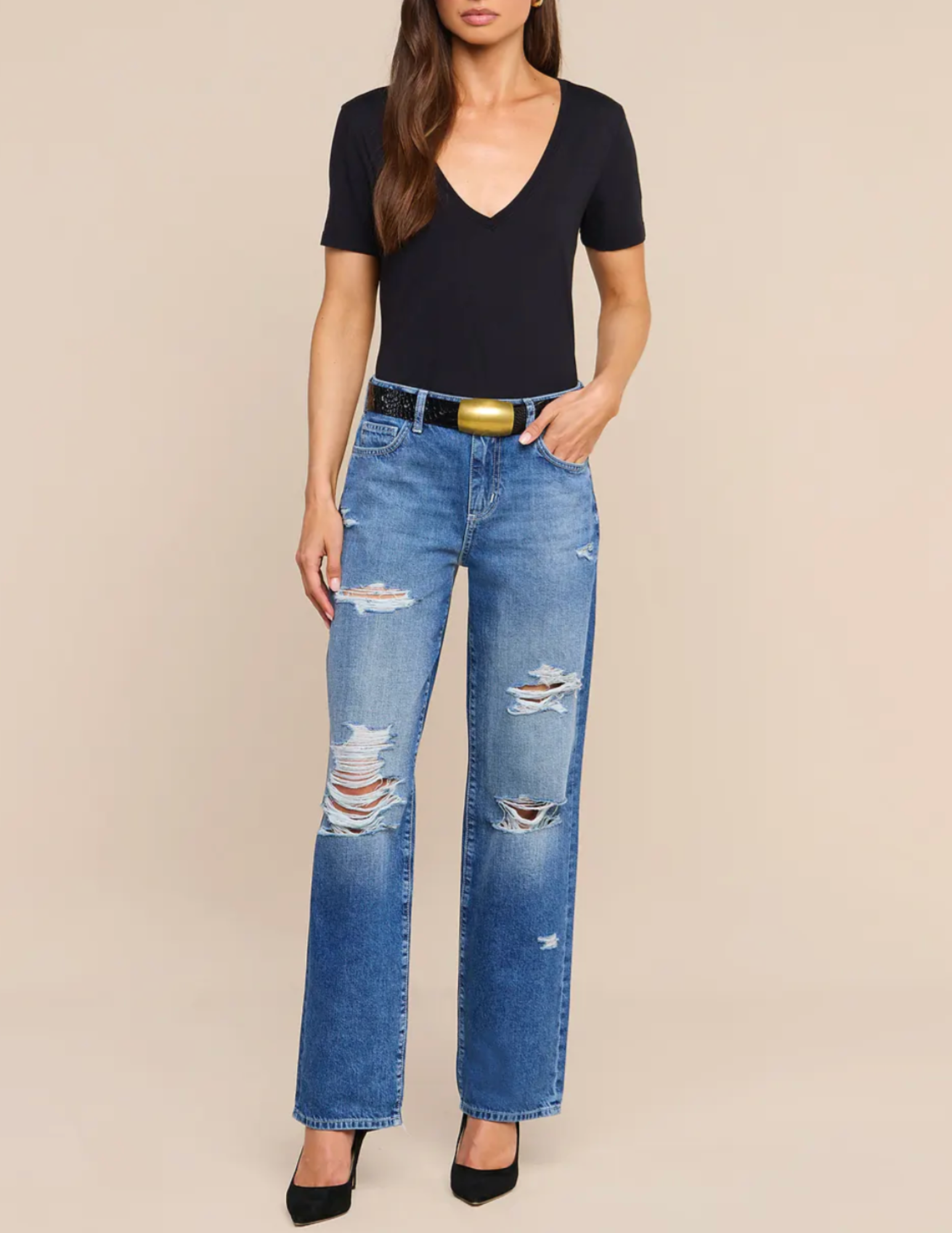 Full body view of L'AGENCE Brianna Cotton V-Neck Tee in Black