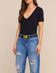 Side view of L'AGENCE Brianna Cotton V-Neck Tee in Black