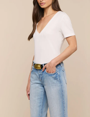 Side view of L'AGENCE Brianna Cotton V-Neck Tee in White