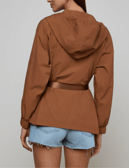 Back view of L’AGENCE Calina windbreaker jacket in fawn with gold hardware