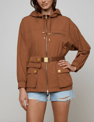 Front view of L’AGENCE Calina windbreaker jacket in fawn with gold hardware
