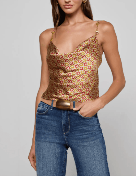 Front view of L’AGENCE Calista Silk Cowl Neck Cami in horse bit print