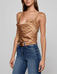 Side view of L’AGENCE Calista Silk Cowl Neck Cami in horse bit print