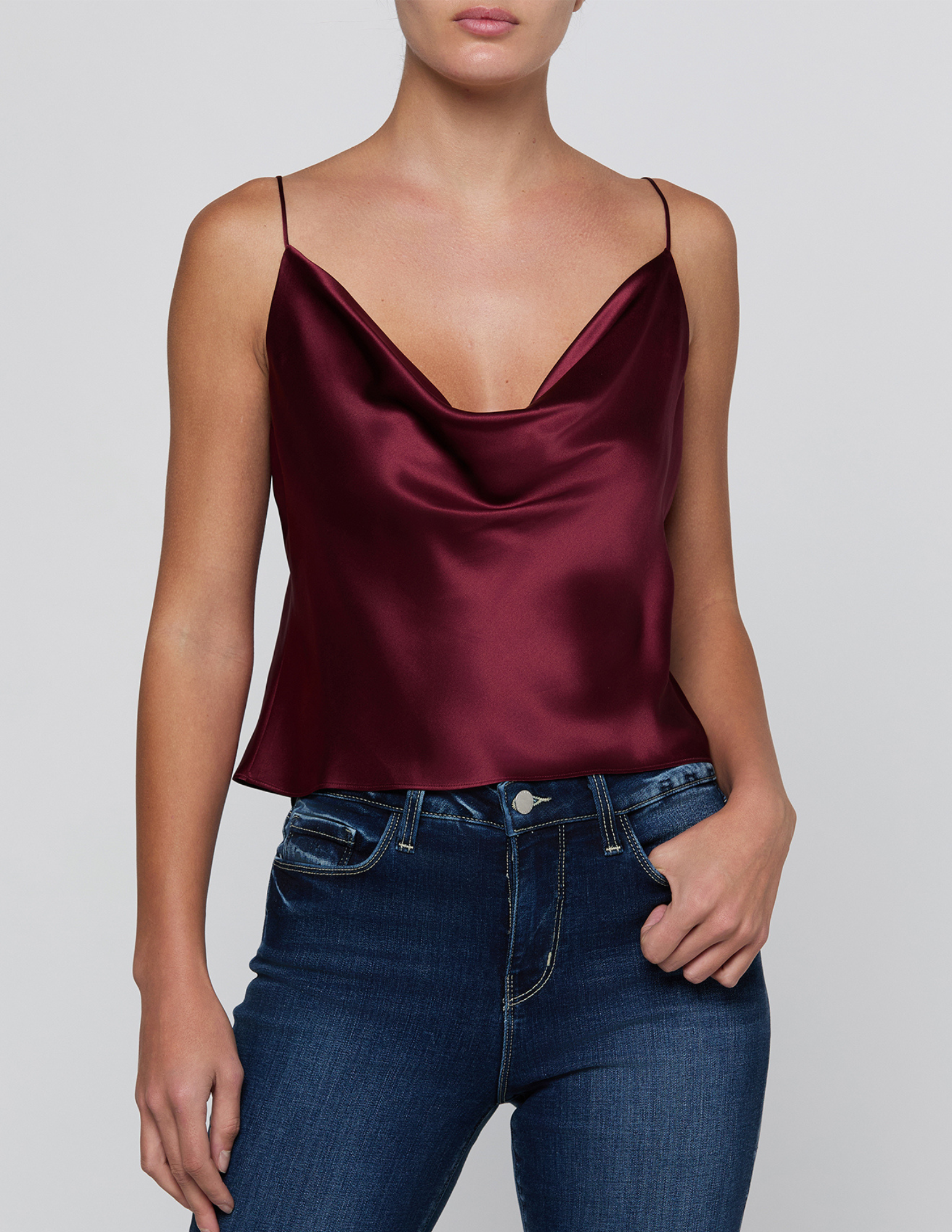 Front view of L’AGENCE Calista Cowl Neck Cami in Merlot Red