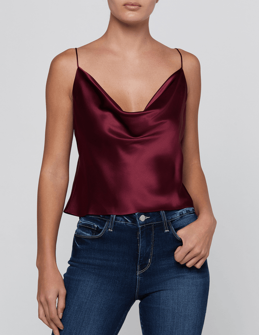 Front view of L’AGENCE Calista Cowl Neck Cami in Merlot Red